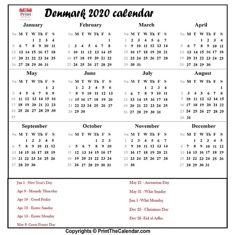 Denmark Calendar 2020 with Denmark Public Holidays